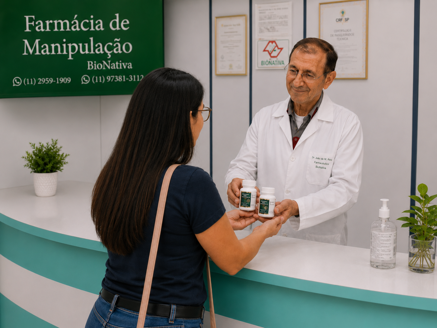 Farmacêutico da Bionativa atendendo cliente no balcão da farmácia de manipulação em Santana, São Paulo